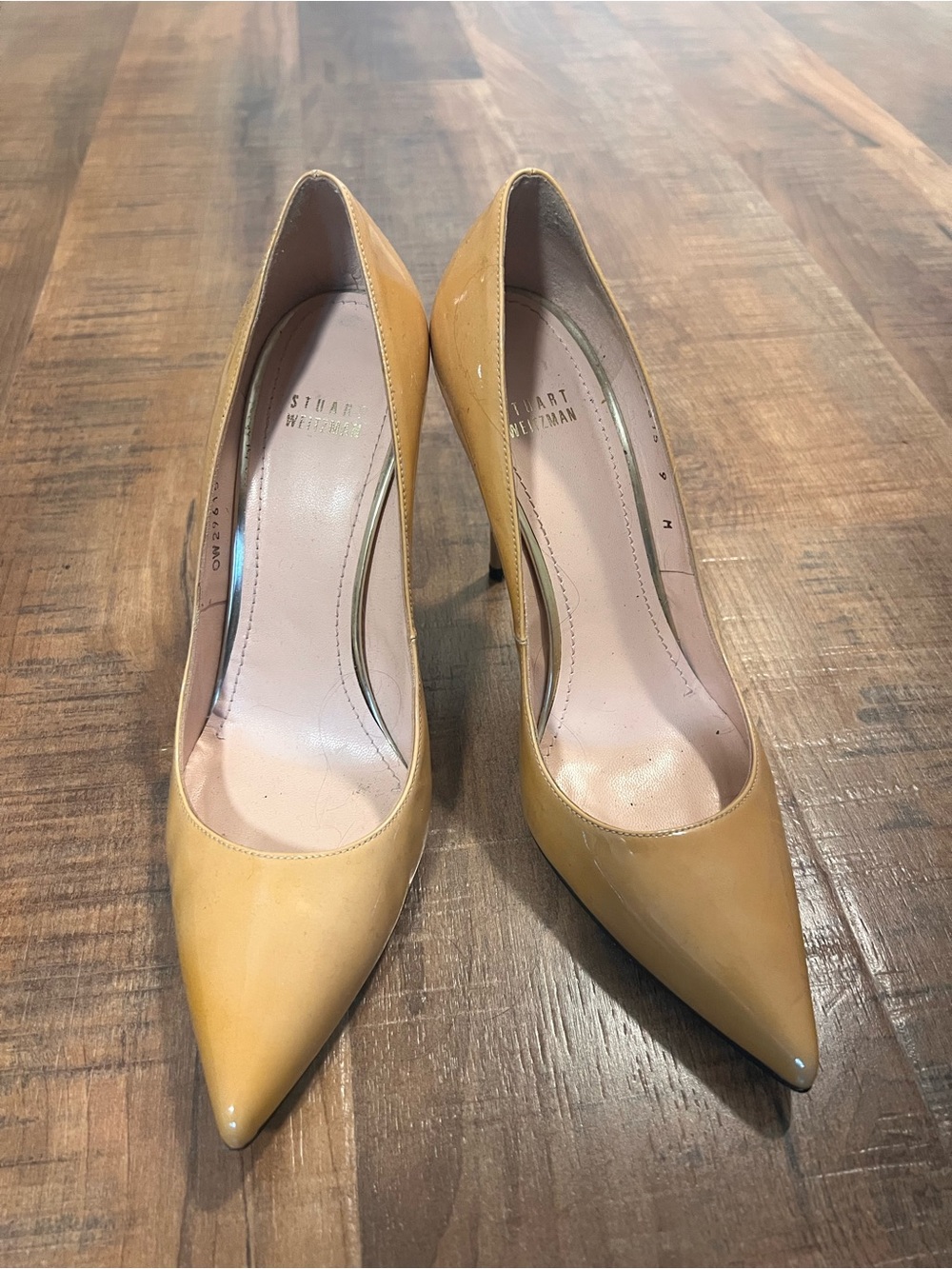 Stuart Weitzman Nude Pointed-Toe Patent Leather Pumps